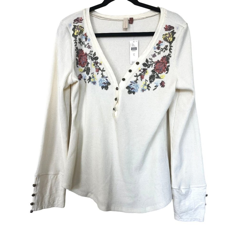 Anthropologie Pilcro Letterpress Long Sleeve Waffle V-Neck Button Sweater L